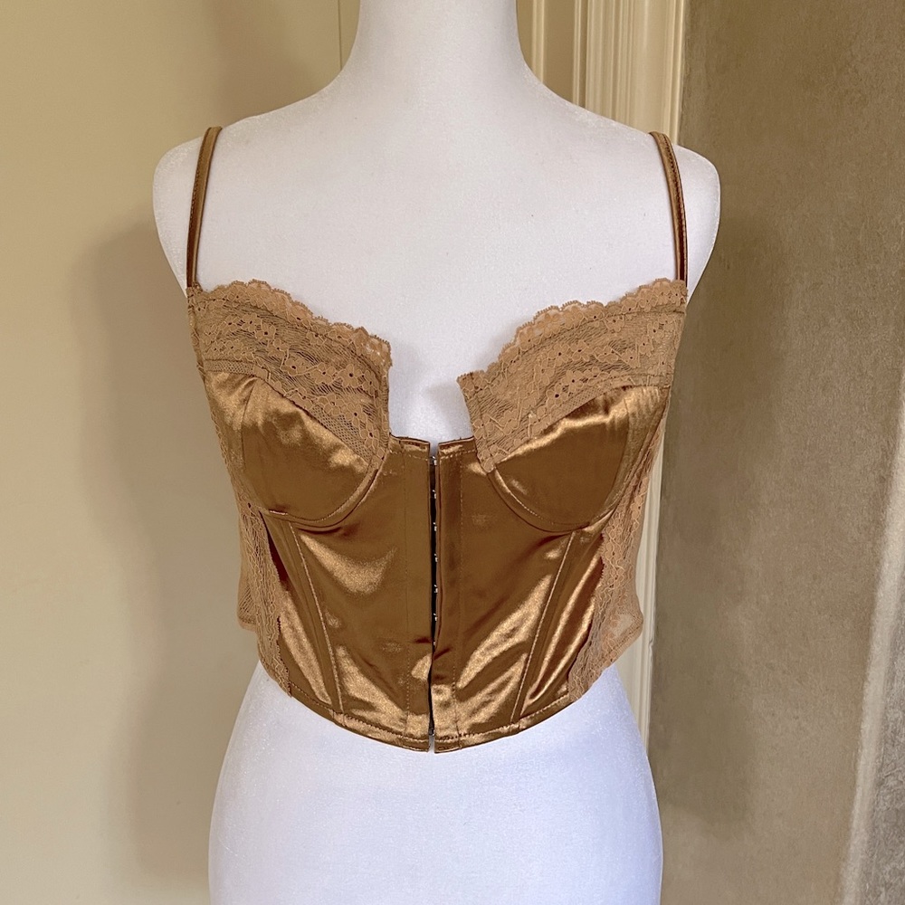 XL crop corset style gold satin with lace back light stretch